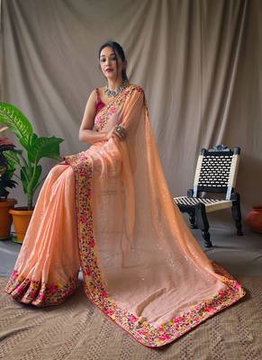  Women Peach Embroidery And sequence Work Saree And  Rich Pallu Saree With Blouse For Women 2