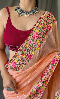  Women Peach Embroidery And sequence Work Saree And  Rich Pallu Saree With Blouse For Women 3