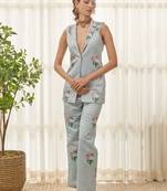 Soft blue polka dot pantsuit