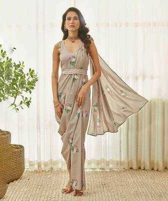 Mocha brown polka dot saree dress 1
