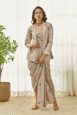 Mocha brown polka dot saree dress & blazer 1