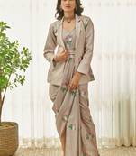 Mocha brown polka dot saree dress & blazer