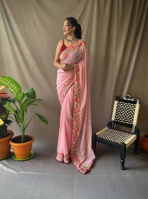  Women Purple Embroidery And Sequins Work Saree And  Rich Pallu Saree With Blouse For Women 1
