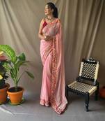  Women Purple Embroidery And Sequins Work Saree And  Rich Pallu Saree With Blouse For Women