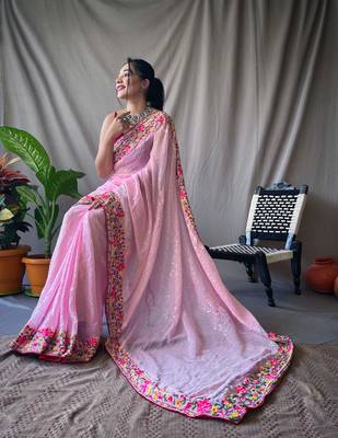  Women Purple Embroidery And Sequins Work Saree And  Rich Pallu Saree With Blouse For Women 2