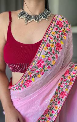  Women Purple Embroidery And Sequins Work Saree And  Rich Pallu Saree With Blouse For Women 3