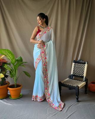  Women Sky Blue Embroidery And Sequins Work Saree And  Rich Pallu Saree With Blouse For Women 1