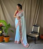  Women Sky Blue Embroidery And Sequins Work Saree And  Rich Pallu Saree With Blouse For Women