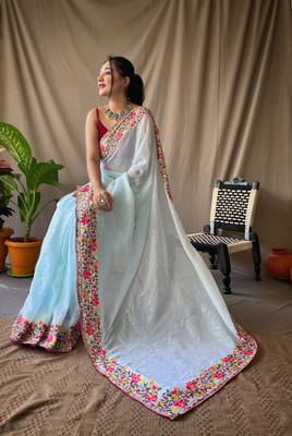  Women Sky Blue Embroidery And Sequins Work Saree And  Rich Pallu Saree With Blouse For Women 2