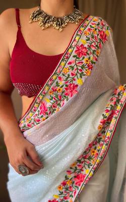  Women Sky Blue Embroidery And Sequins Work Saree And  Rich Pallu Saree With Blouse For Women 3