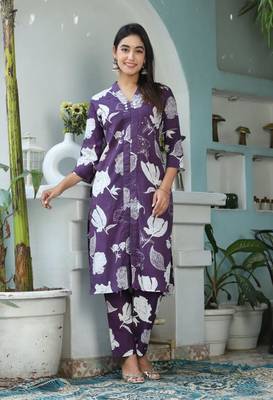 Purple color cotton a-line kurti pant mirror work 1