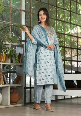 Multi color rayon embriodery work straight kurti pant dupatta set 1