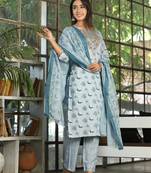 Multi color rayon embriodery work straight kurti pant dupatta set