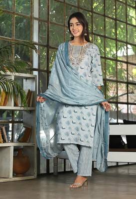 Multi color rayon embriodery work straight kurti pant dupatta set 2