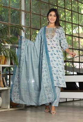 Multi color rayon embriodery work straight kurti pant dupatta set 3