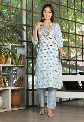 Multi color rayon embriodery work straight kurti pant dupatta set 4