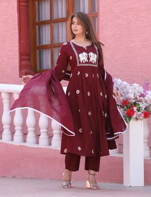 Maroon color cotton embriodery hand adda lace work anarakali kurti pant dupatta set 1