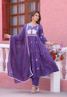 Purple color cotton embriodery hand adda lace work anarakali kurti pant dupatta set 1