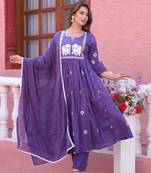 Purple color cotton embriodery hand adda lace work anarakali kurti pant dupatta set