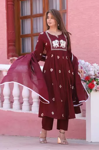 Maroon color cotton embriodery hand adda lace work anarakali kurti pant dupatta set