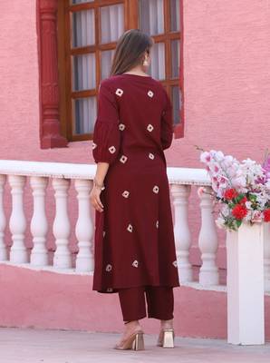 Maroon color cotton embriodery hand adda lace work anarakali kurti pant dupatta set 3