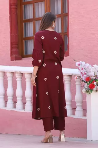 Maroon color cotton embriodery hand adda lace work anarakali kurti pant dupatta set