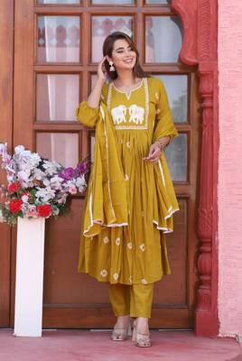 Yellow color cotton embriodery hand adda lace work anarakali kurti pant dupatta set 2