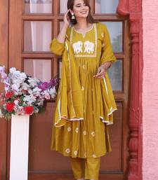Yellow color cotton embriodery hand adda lace work anarakali kurti pant dupatta set