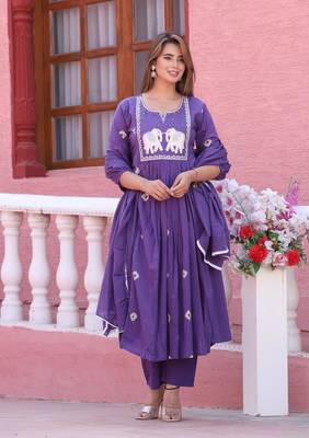 Purple color cotton embriodery hand adda lace work anarakali kurti pant dupatta set 2