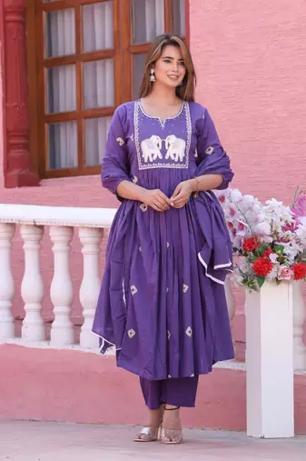 Purple color cotton embriodery hand adda lace work anarakali kurti pant dupatta set