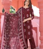 Maroon color cottoncambric printed straight kurti pant dupatta set with embroider mirrorand unique button in kurti
