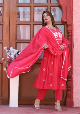 Red color cotton embriodery hand adda lace work anarakali kurti pant dupatta set 2
