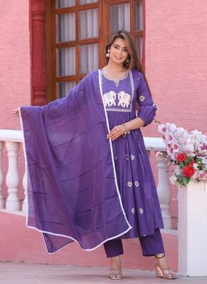 Purple color cotton embriodery hand adda lace work anarakali kurti pant dupatta set 3