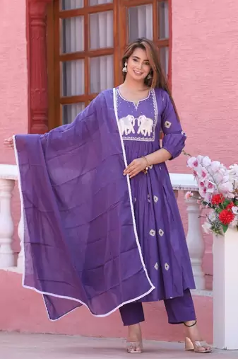 Purple color cotton embriodery hand adda lace work anarakali kurti pant dupatta set