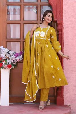 Yellow color cotton embriodery hand adda lace work anarakali kurti pant dupatta set 4