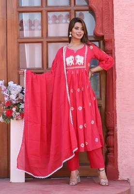 Red color cotton embriodery hand adda lace work anarakali kurti pant dupatta set 3