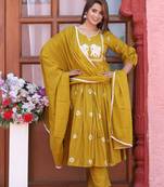Yellow color cotton embriodery hand adda lace work anarakali kurti pant dupatta set