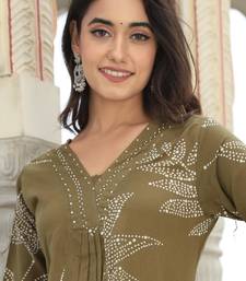 Mehandi color cotton hand work (cord-set) anarkali kurti plazzo set