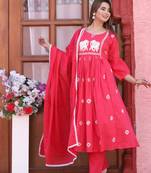 Red color cotton embriodery hand adda lace work anarakali kurti pant dupatta set