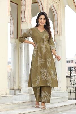 Mehandi color cotton hand work (cord-set) anarkali kurti plazzo set 1