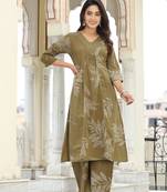 Mehandi color cotton hand work (cord-set) anarkali kurti plazzo set