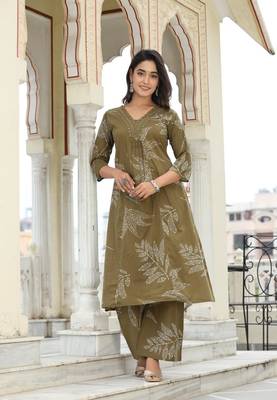 Mehandi color cotton hand work (cord-set) anarkali kurti plazzo set 3
