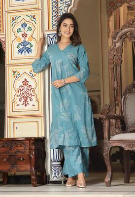 blue cotton hand work (cord-set) anarkali kurti plazzo set 1
