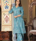 blue cotton hand work (cord-set) anarkali kurti plazzo set