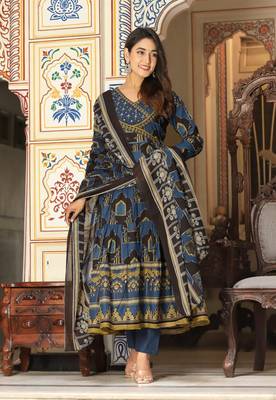 Blue cotton hand mirror lace work anarkali kurti pant dupatta  set 1