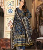 Blue cotton hand mirror lace work anarkali kurti pant dupatta  set