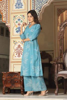 blue cotton hand work (cord-set) anarkali kurti plazzo set 3