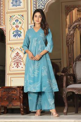blue cotton hand work (cord-set) anarkali kurti plazzo set 4
