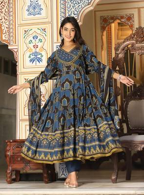 Blue cotton hand mirror lace work anarkali kurti pant dupatta  set 3