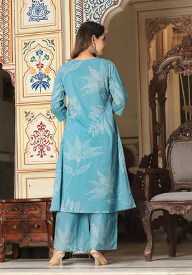 blue cotton hand work (cord-set) anarkali kurti plazzo set 5